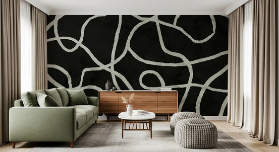 Living room feature wall styled with the organic ink lines mural GD11030