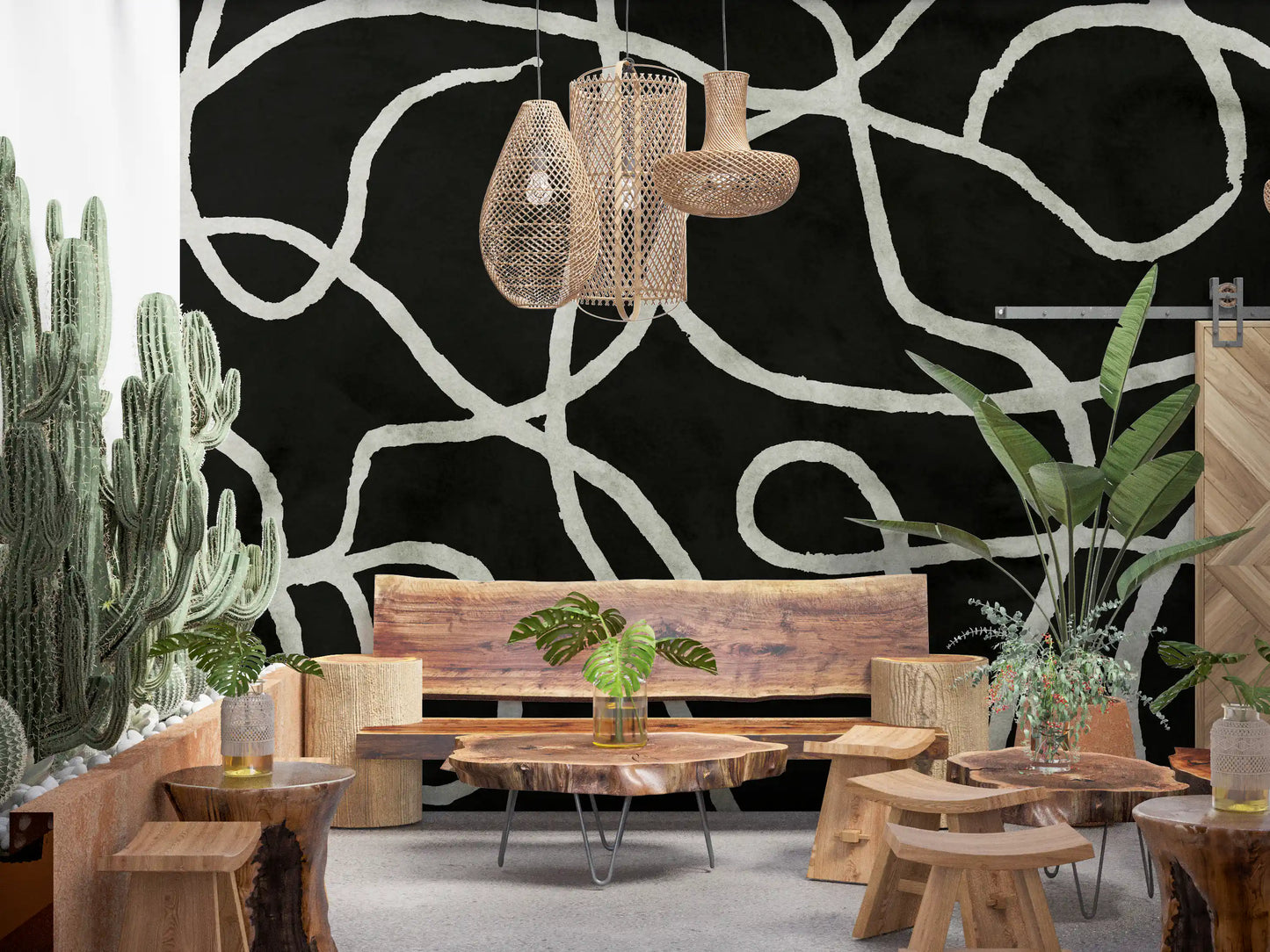 Minimalist Organic Ink Lines on Charcoal Wall Mural