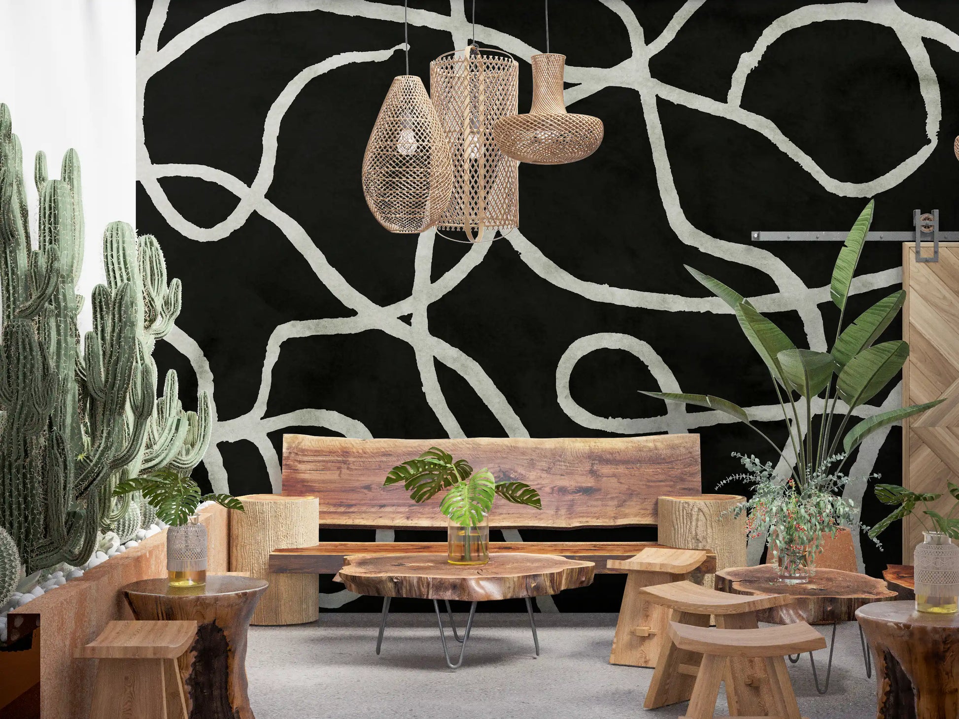 Minimalist Organic Ink Lines on Charcoal Wall Mural