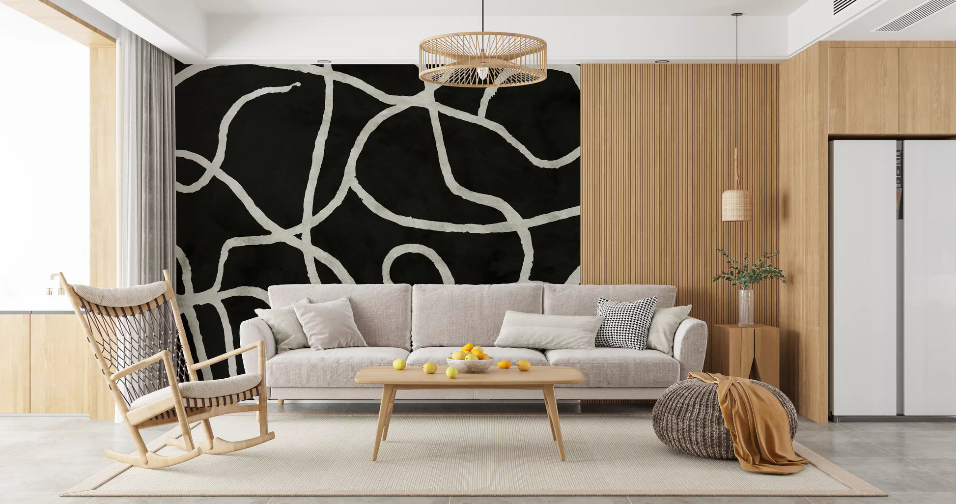 Minimalist Organic Ink Lines on Charcoal Wall Mural