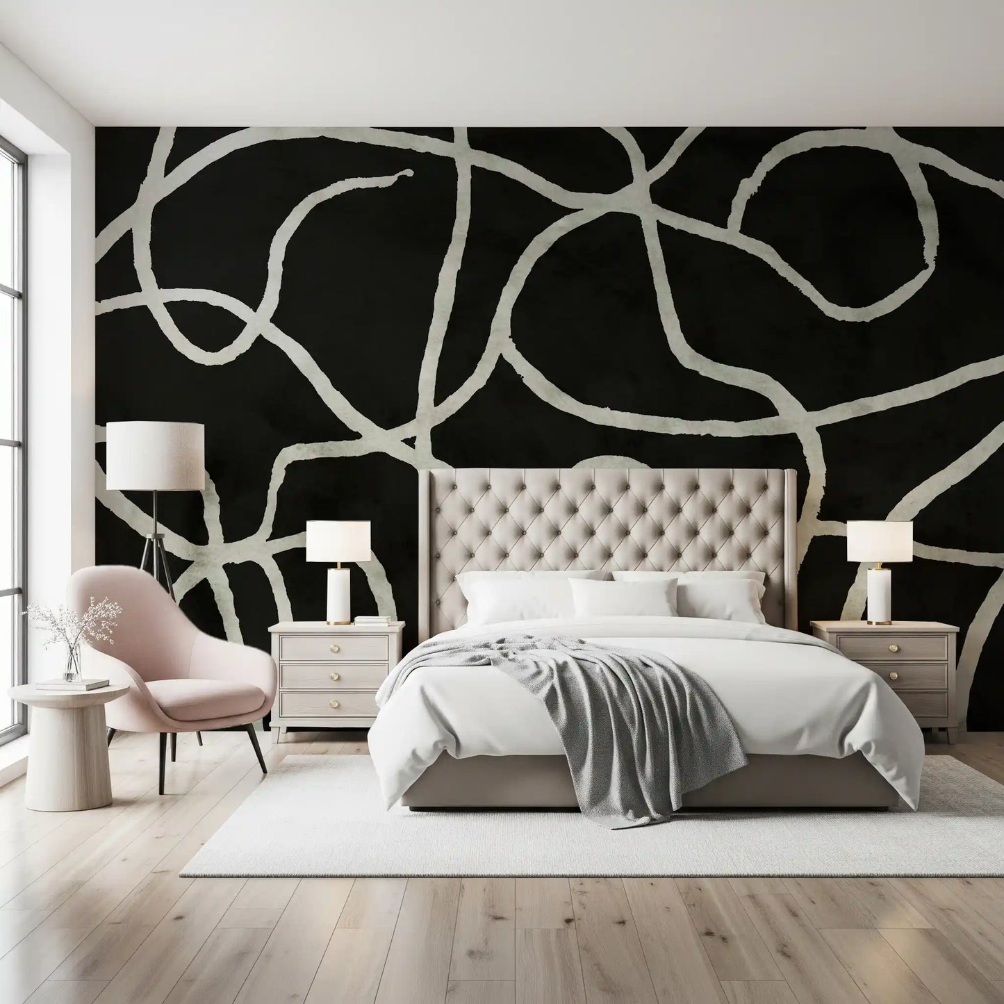 Minimalist Organic Ink Lines on Charcoal Wall Mural