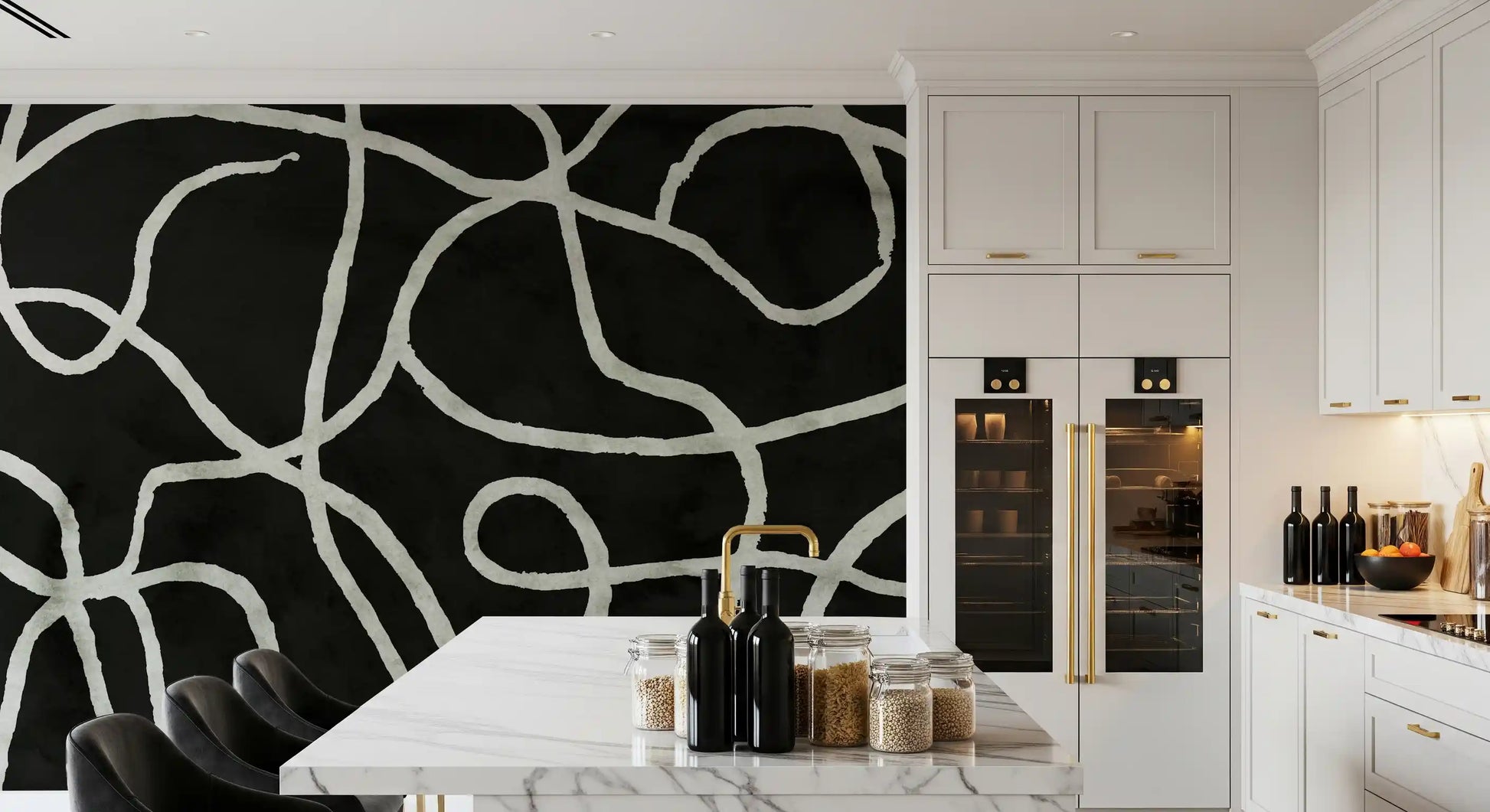 Minimalist Organic Ink Lines on Charcoal Wall Mural