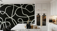 Minimalist Organic Ink Lines on Charcoal Wall Mural