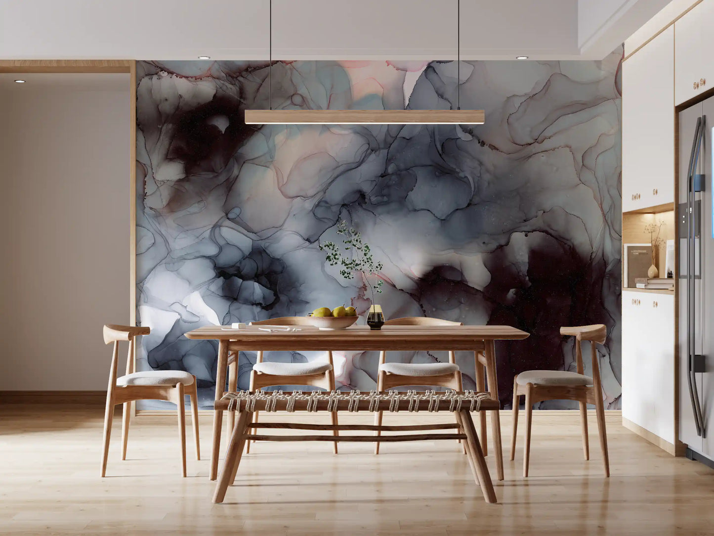 Flowing Obsidian and Blush Mist Wall Mural