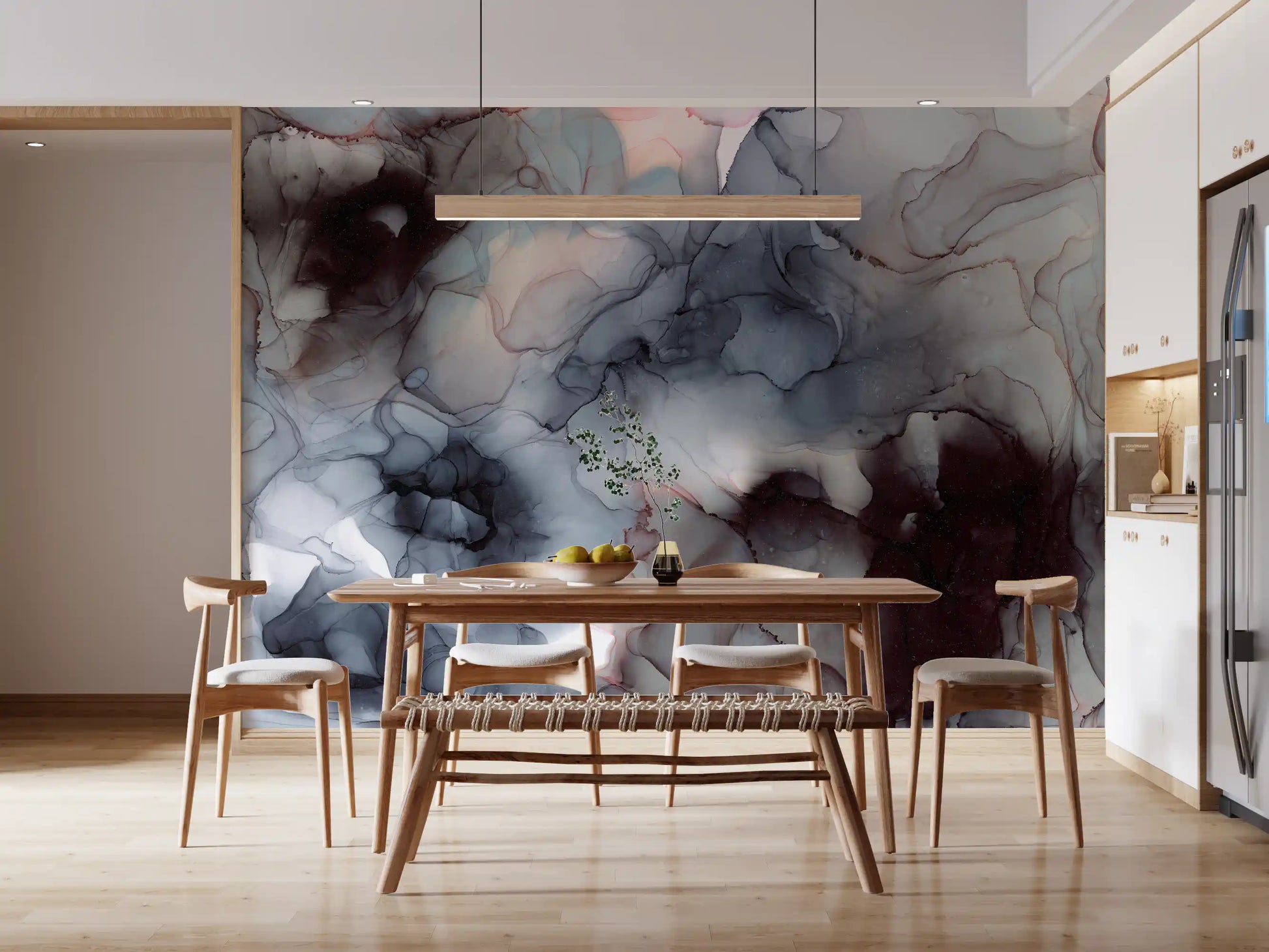 Flowing Obsidian and Blush Mist Wall Mural