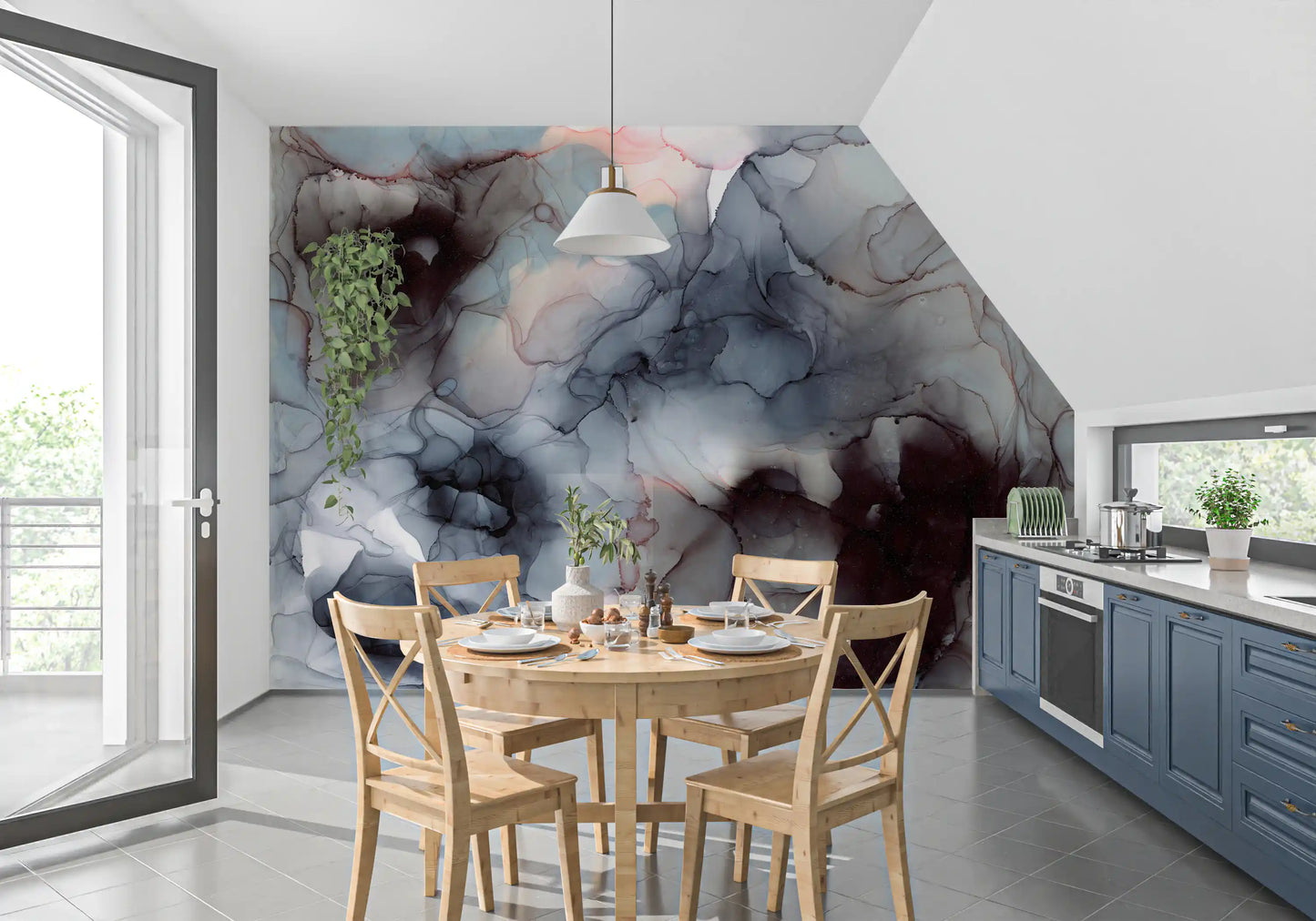 Flowing Obsidian and Blush Mist Wall Mural