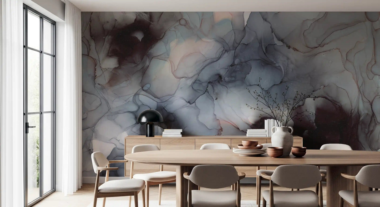 Flowing Obsidian and Blush Mist Wall Mural