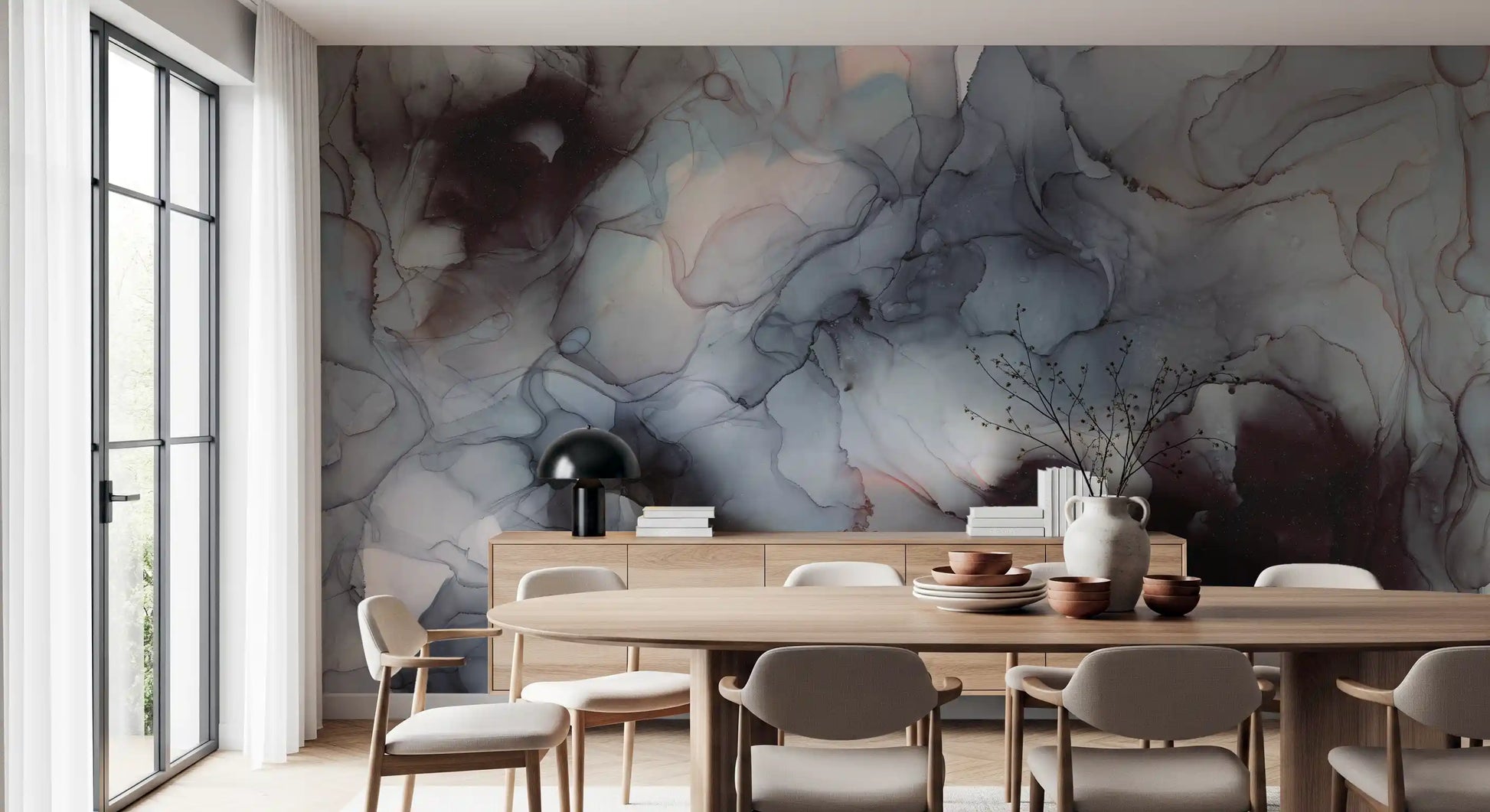 Flowing Obsidian and Blush Mist Wall Mural