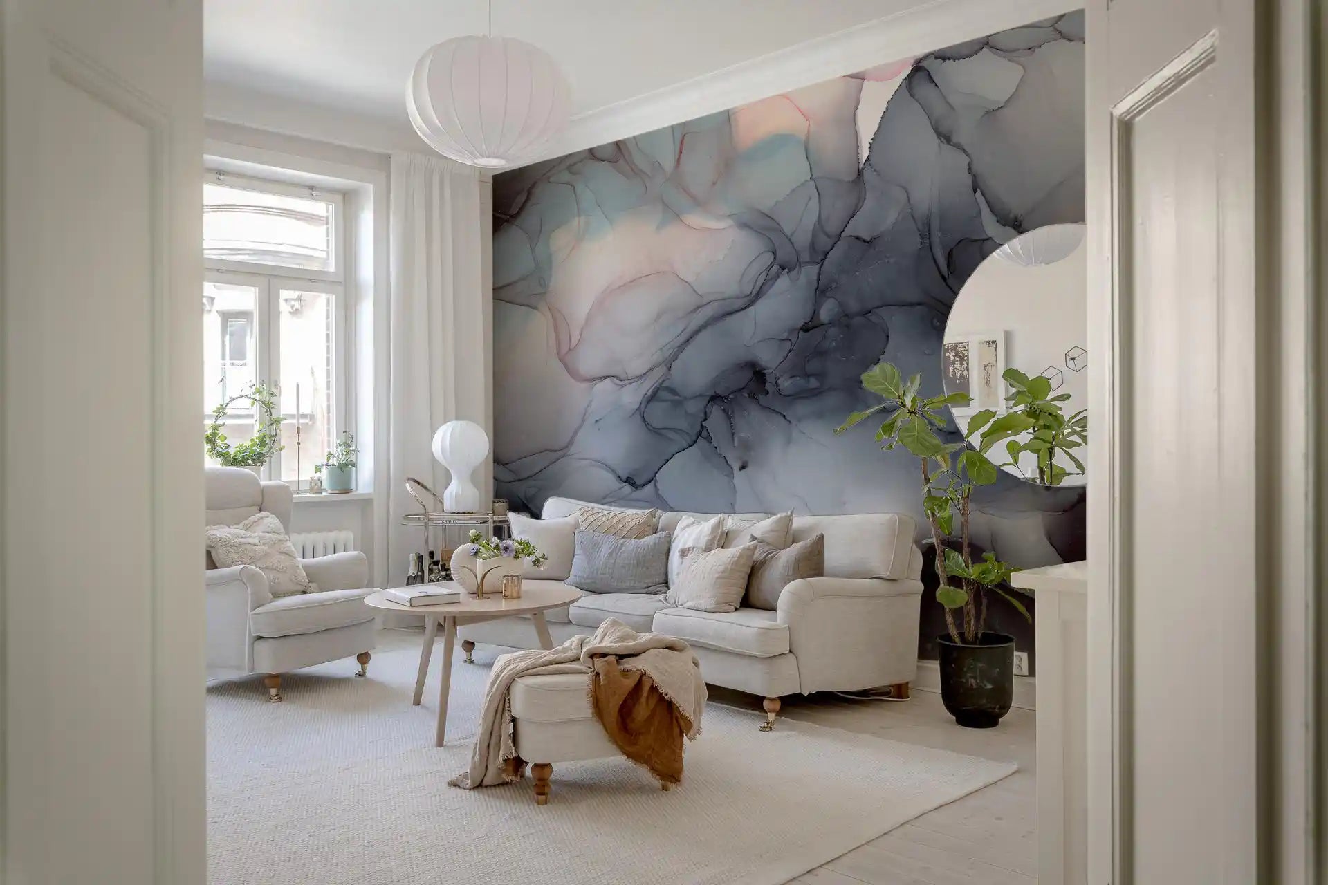 Flowing Obsidian and Blush Mist Wall Mural