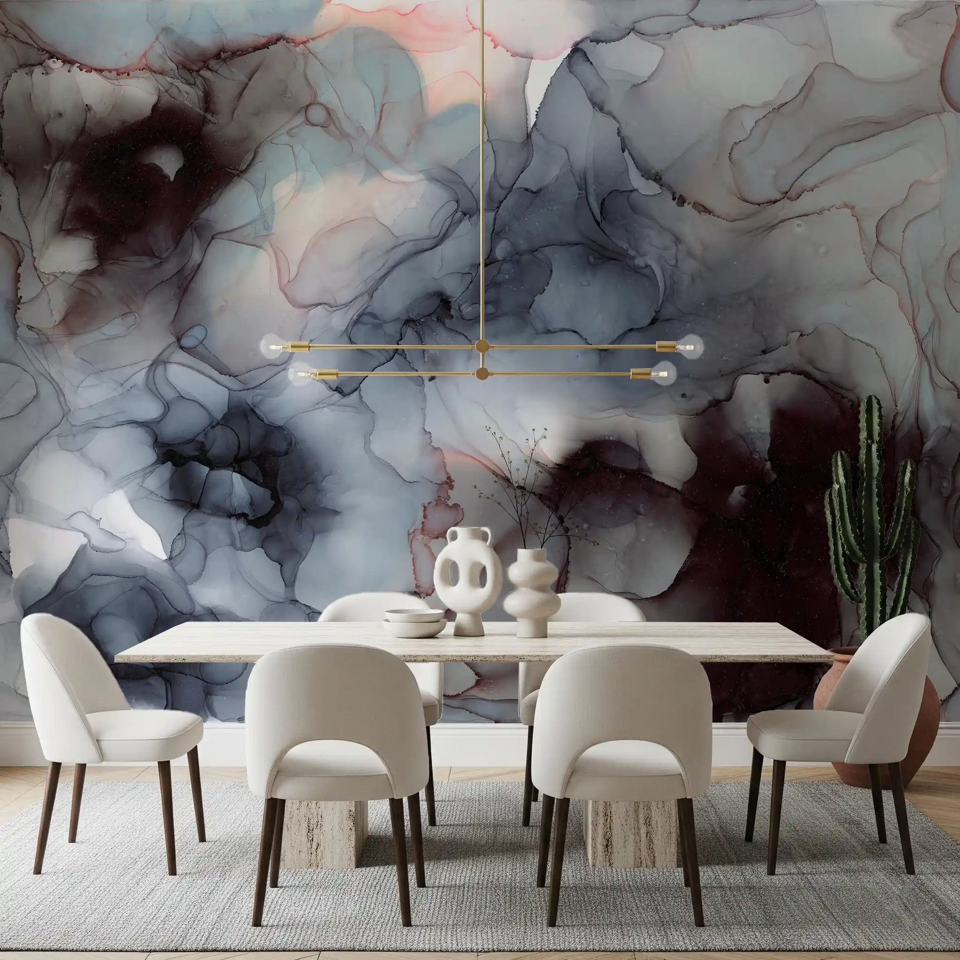 Flowing Obsidian and Blush Mist Wall Mural