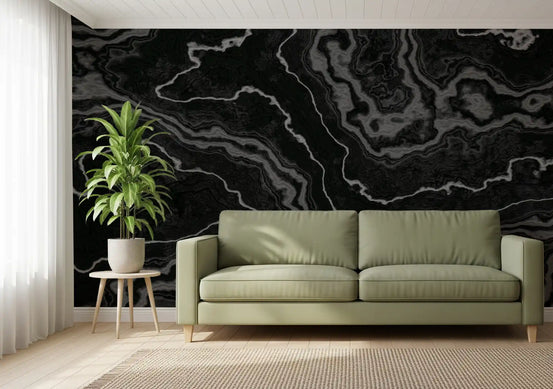 Midnight Agate Layered Stone Pattern Wall Mural in black and grey rings GD11032