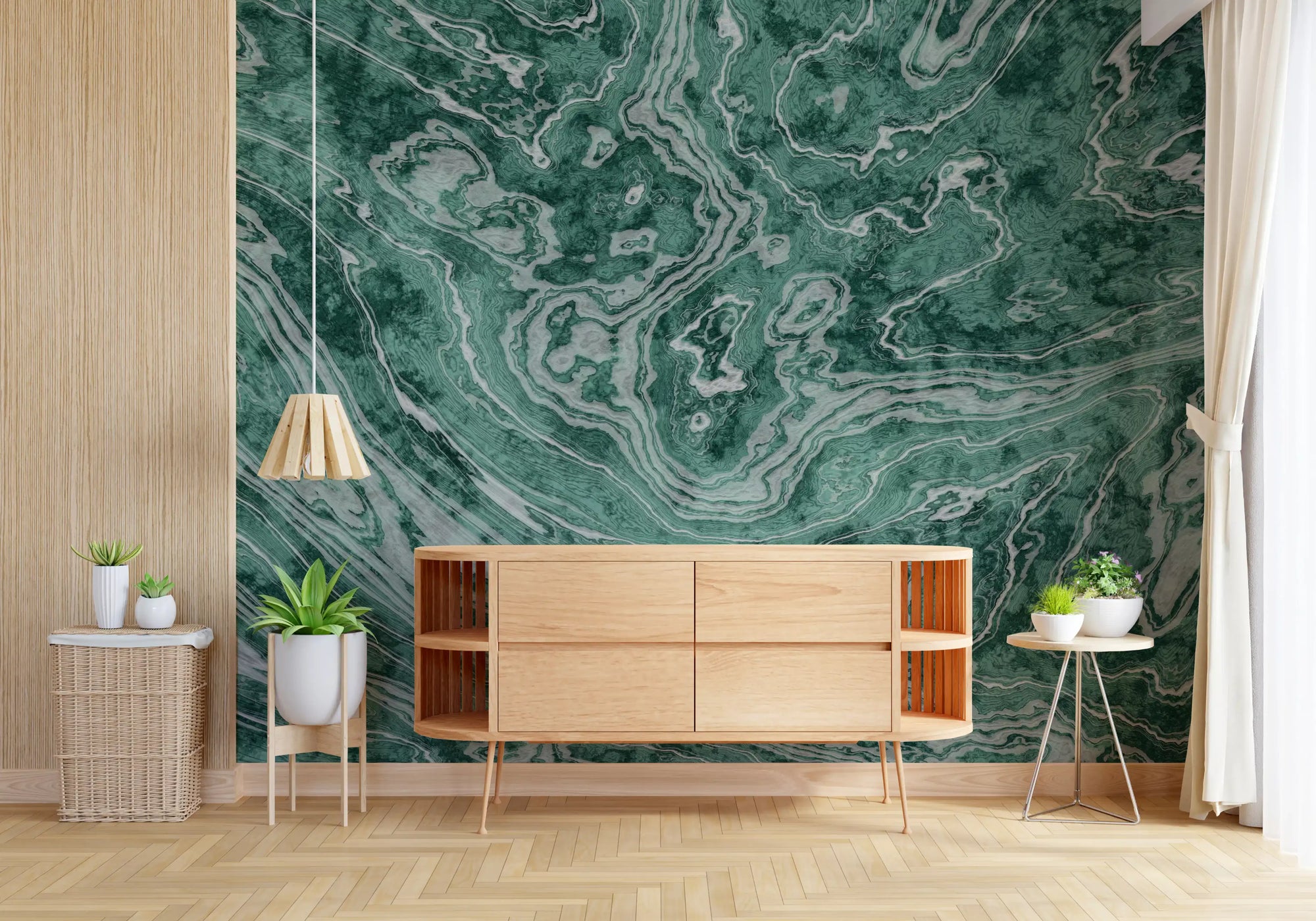 Fluid Earthy Sage and Forest Waves Wall Mural in green agate pattern GD11033