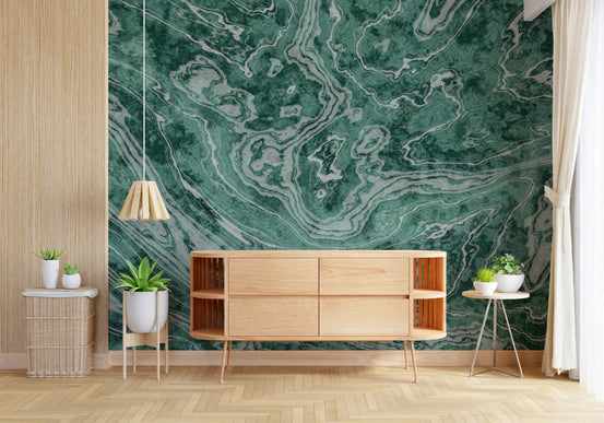 Fluid Earthy Sage and Forest Waves Wall Mural in green agate pattern GD11033