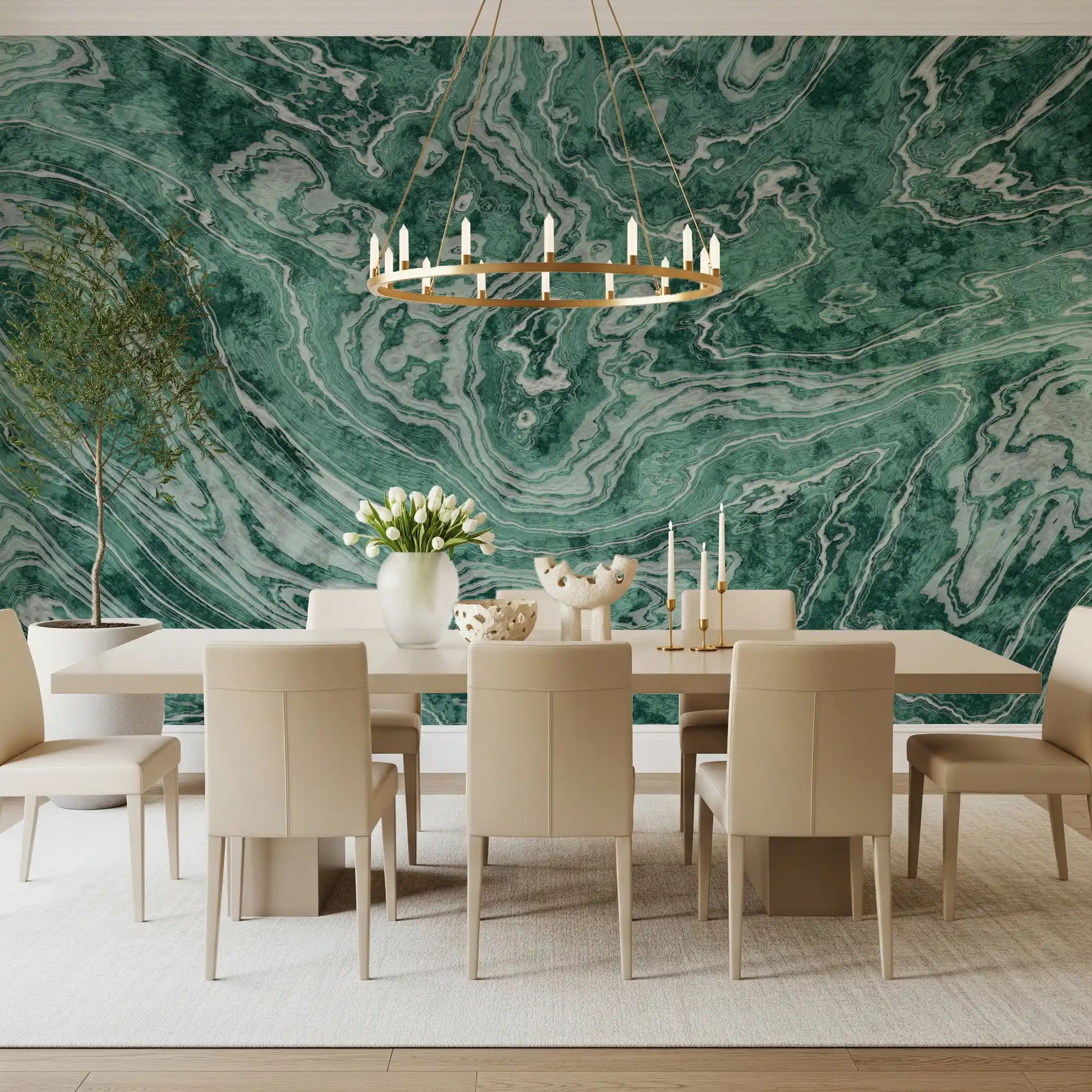 Fluid Earthy Sage and Forest Waves Wall Mural