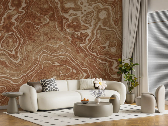 Concentric Earth Agate Texture Wall Mural in rust and cream ring pattern for living room GD11035