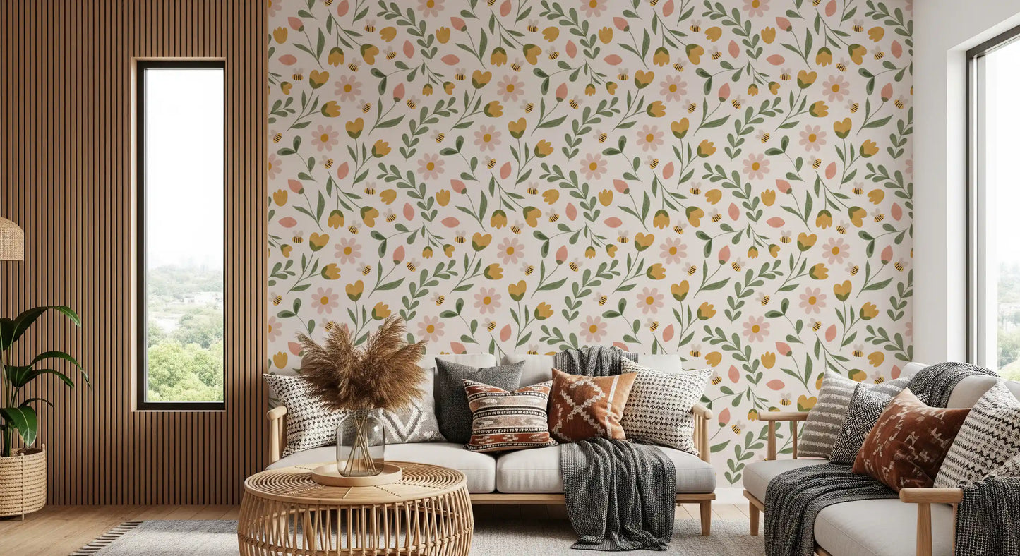 Whimsical Honeybee Meadow Pattern Wallpaper⁠