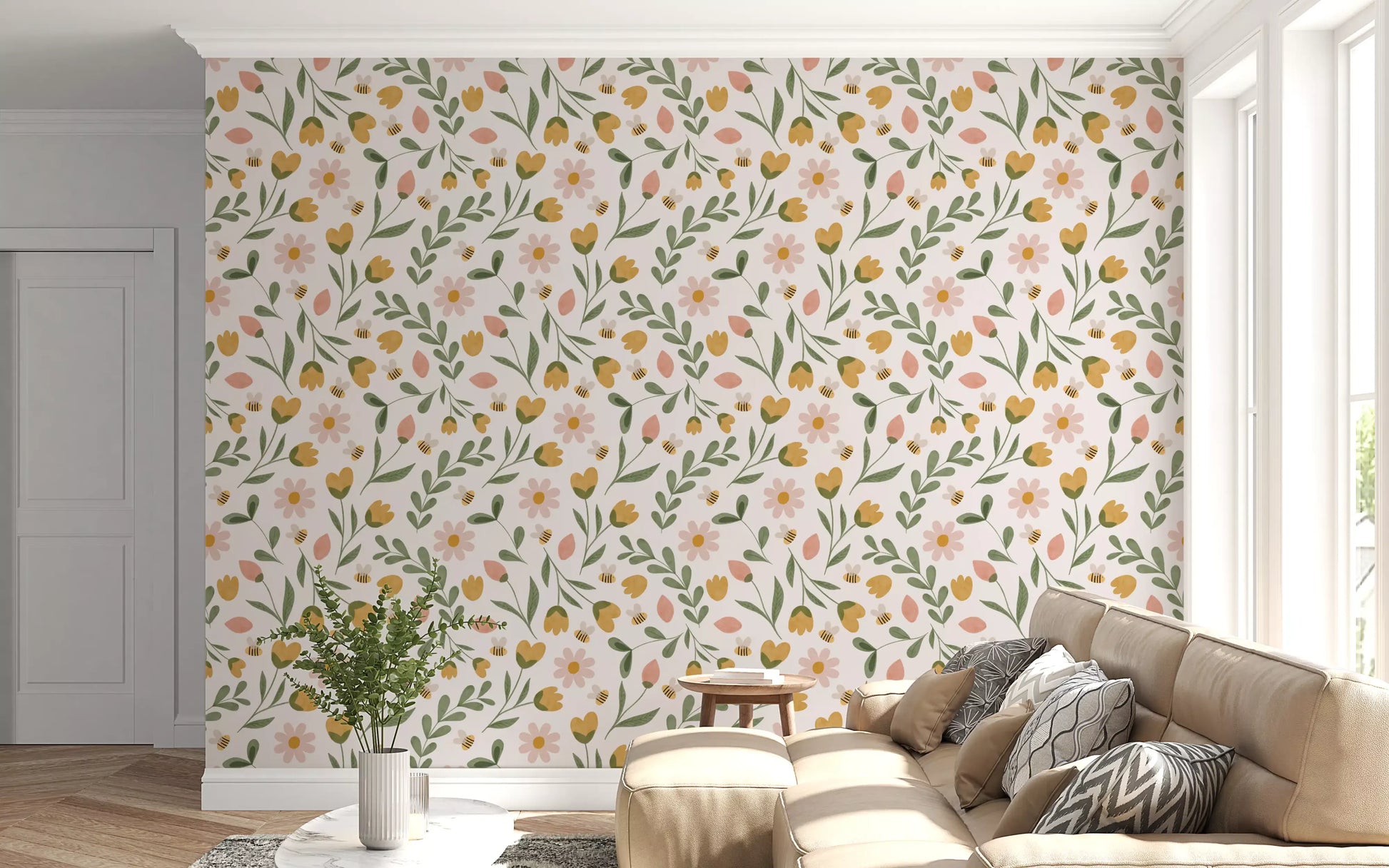 Whimsical Honeybee Meadow Pattern Wallpaper⁠