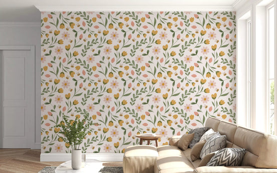 Honeybee meadow pattern wallpaper with tulips, daisies and bees on cream ground GD11038