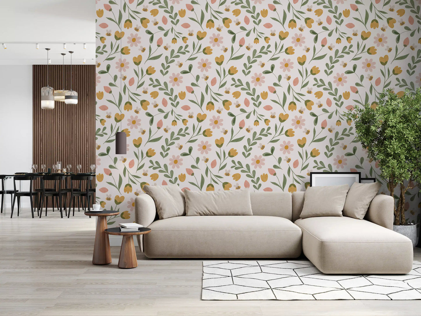 Whimsical Honeybee Meadow Pattern Wallpaper⁠