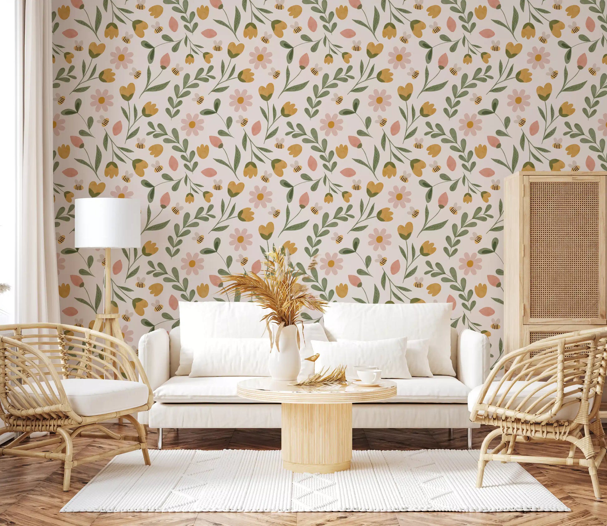 Whimsical Honeybee Meadow Pattern Wallpaper⁠