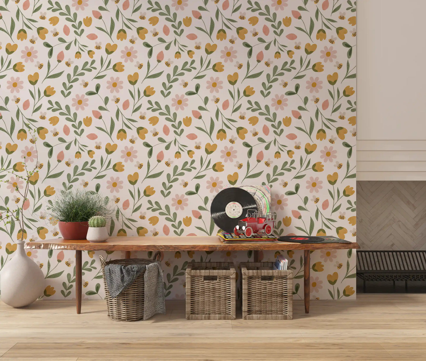 Whimsical Honeybee Meadow Pattern Wallpaper⁠