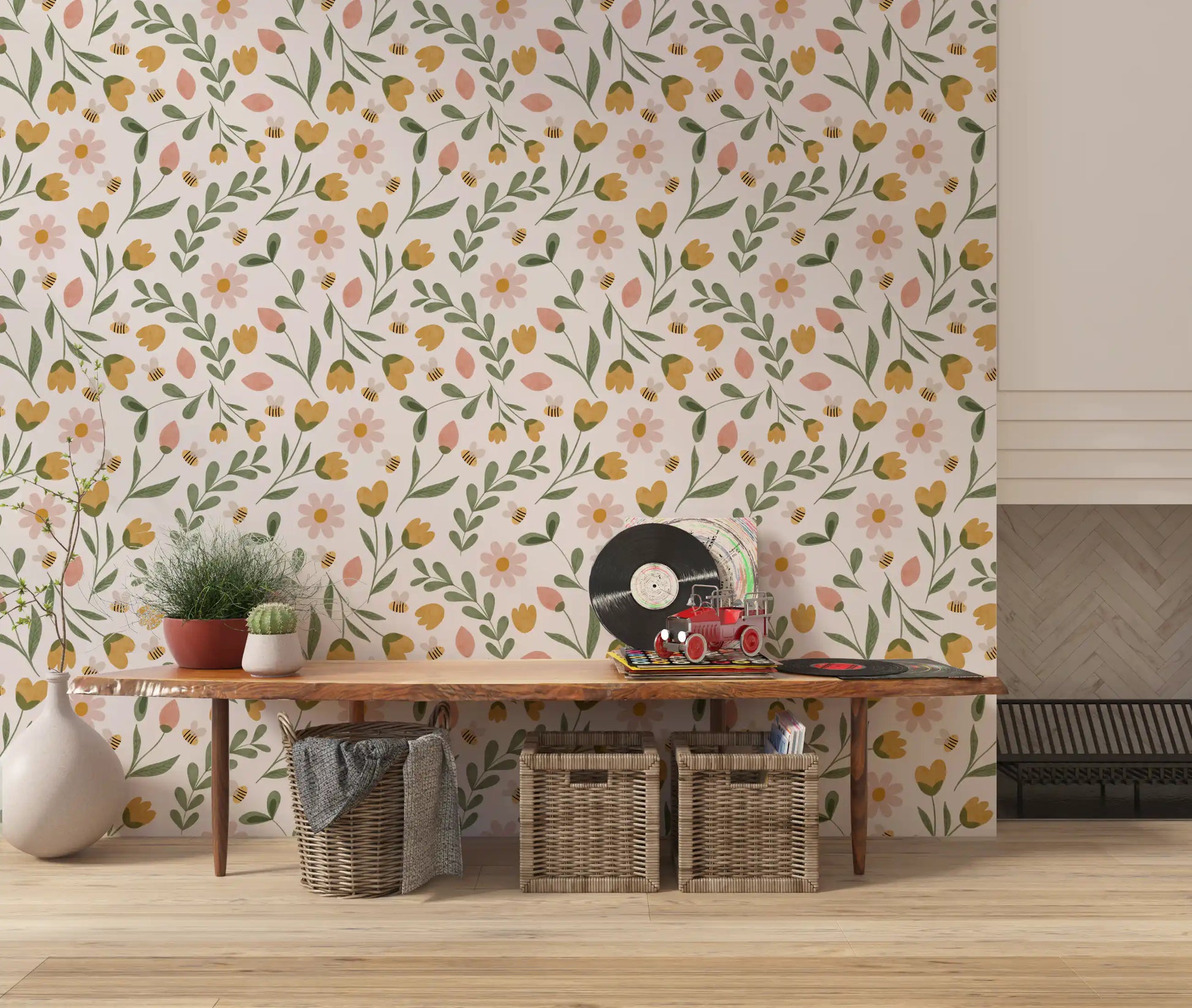 Whimsical Honeybee Meadow Pattern Wallpaper⁠