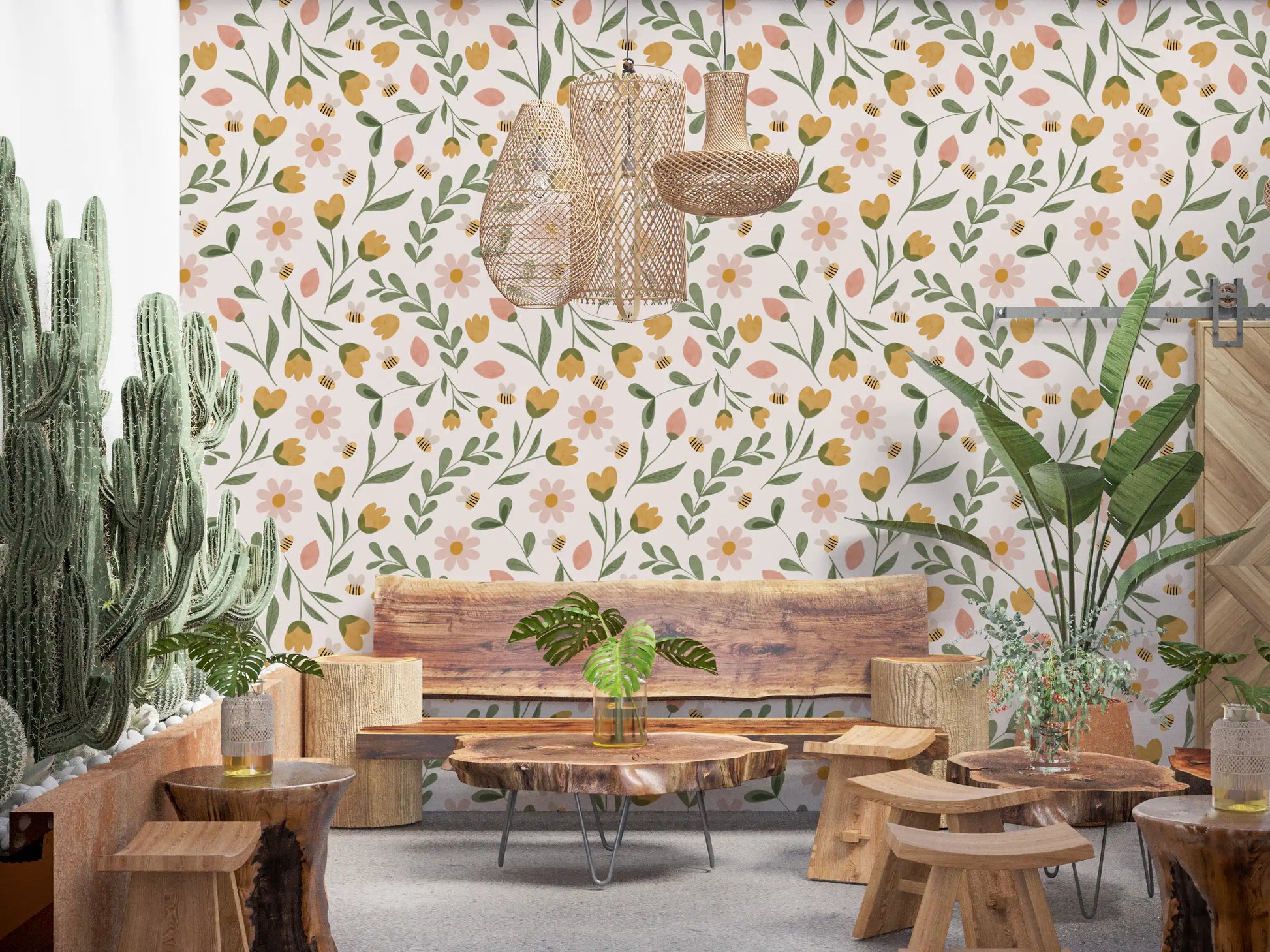 Whimsical Honeybee Meadow Pattern Wallpaper⁠