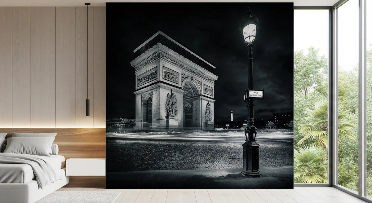 Midnight archway wall mural with floodlit stonework and glowing lamppost GD11039