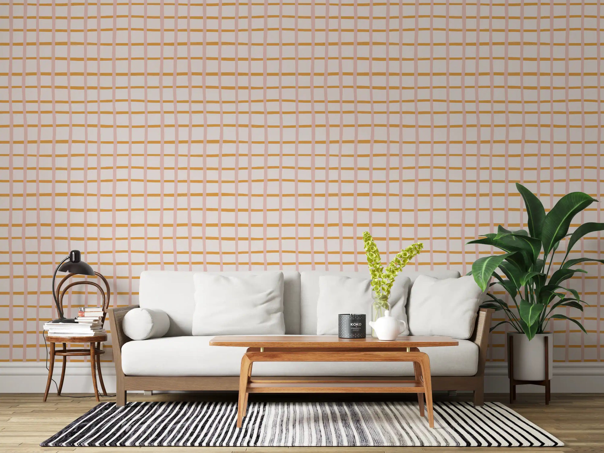 Pastel check wallpaper with blush pink and mustard yellow grid lines GD11040