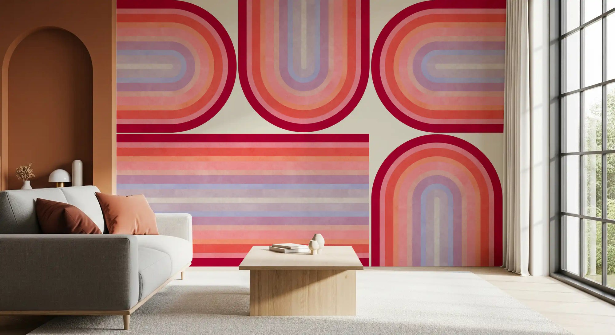 Retro curves wall mural with stacked arches in crimson, coral, and lavender GD11042