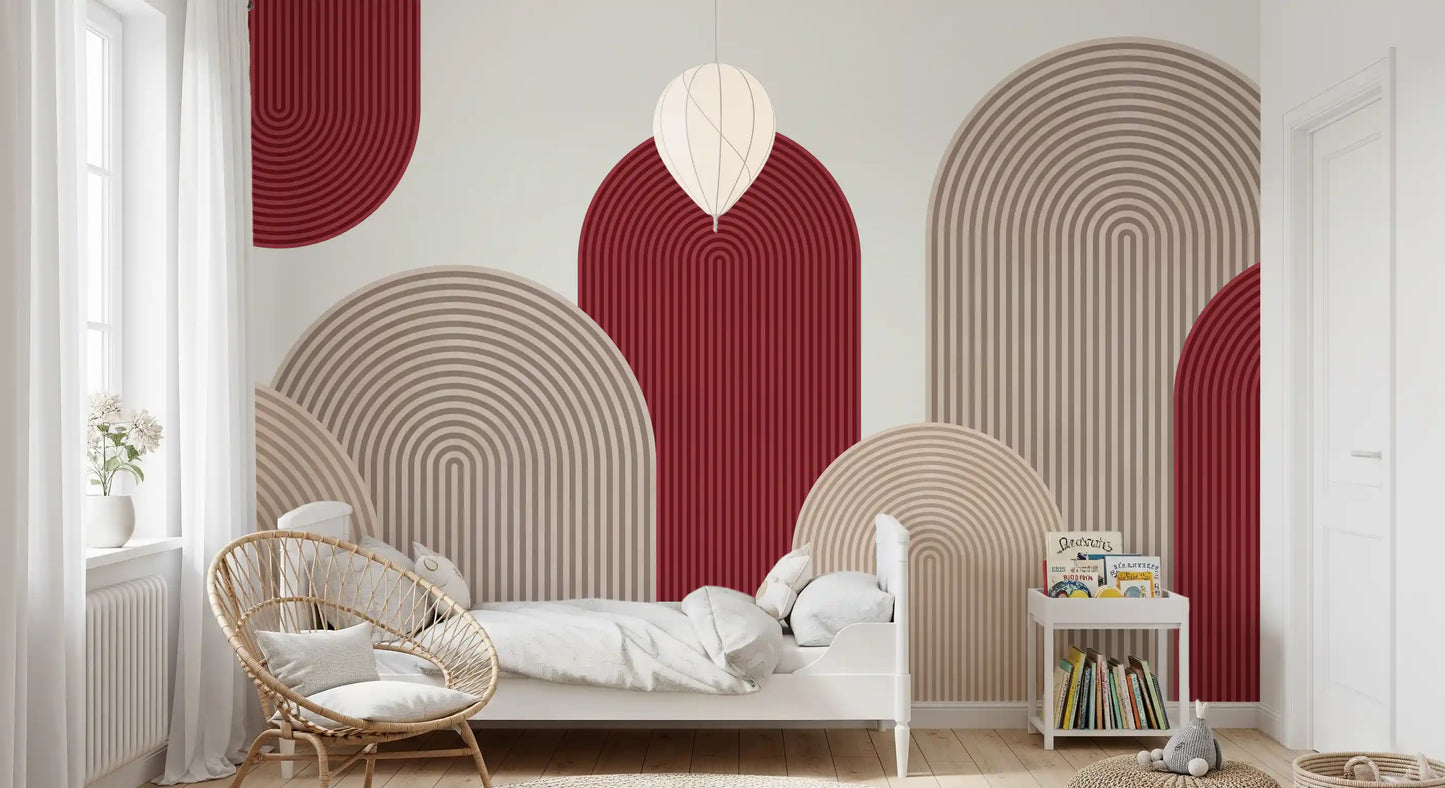 Geometric Ribbon Cascade in Red and Sand Wall Mural