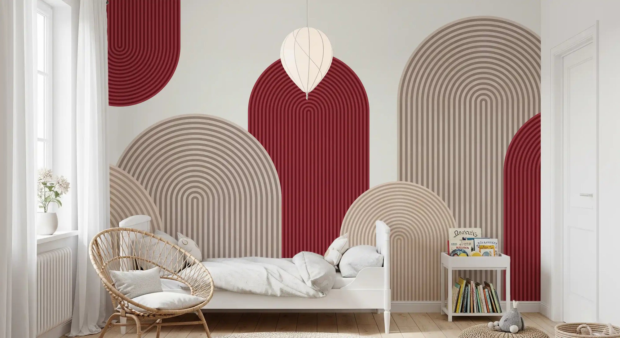 Geometric ribbon cascade wall mural with red and sand arches GD11043