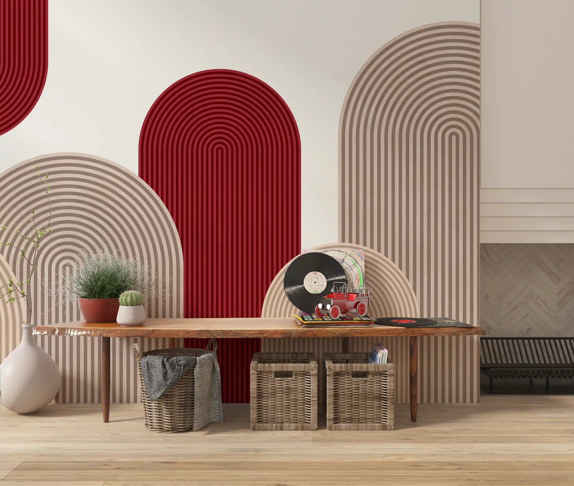 Geometric Ribbon Cascade in Red and Sand Wall Mural