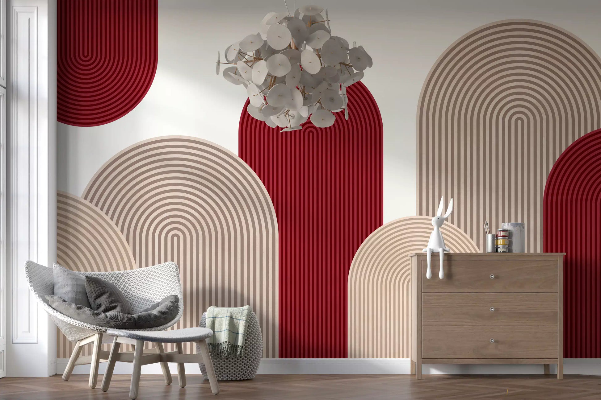 Geometric Ribbon Cascade in Red and Sand Wall Mural