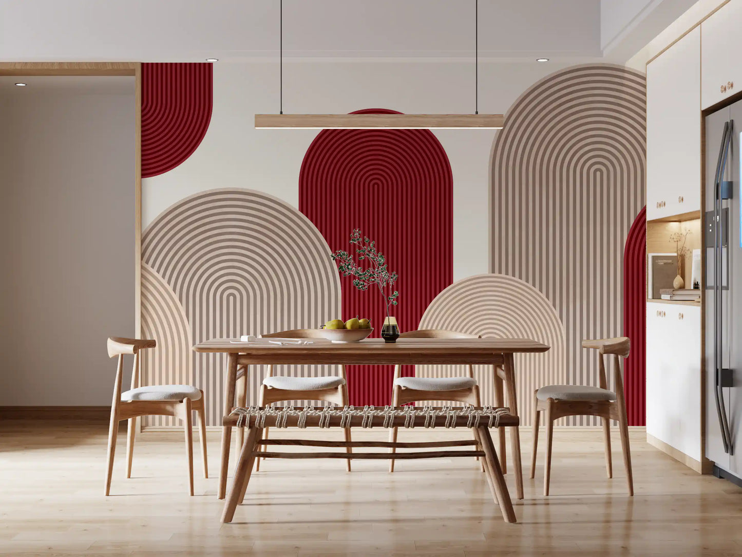 Geometric Ribbon Cascade in Red and Sand Wall Mural