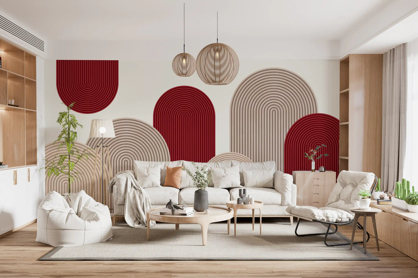 Geometric Ribbon Cascade in Red and Sand Wall Mural