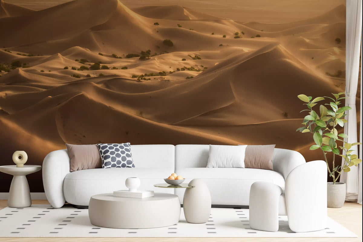 Golden hour desert dunes wall mural with rolling sand ridges and amber light in living room GD11044