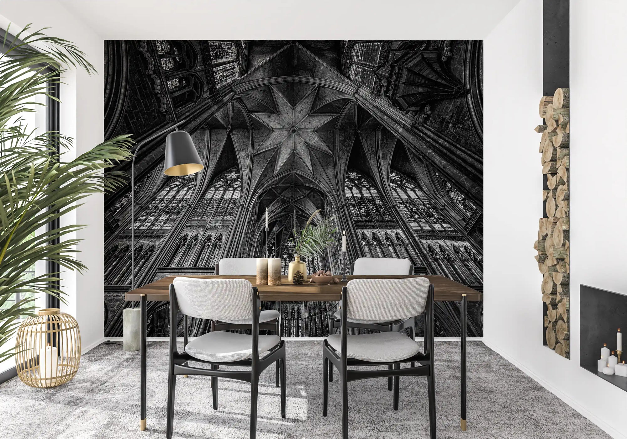 Gothic cathedral ceiling wall mural with ribbed vaults and eight-point star in dining room GD11045