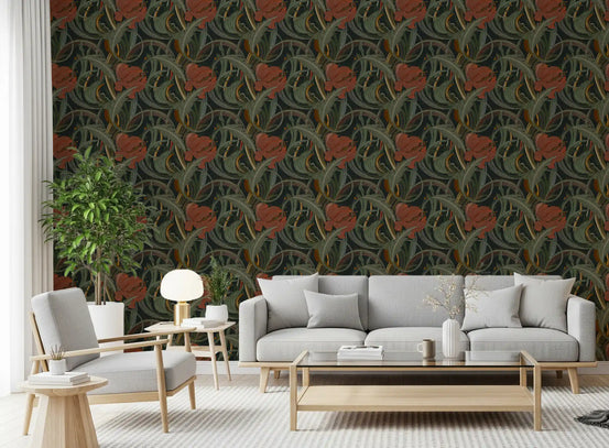 Midnight garden bloom wallpaper with coral red flowers on charcoal ground GD11047
