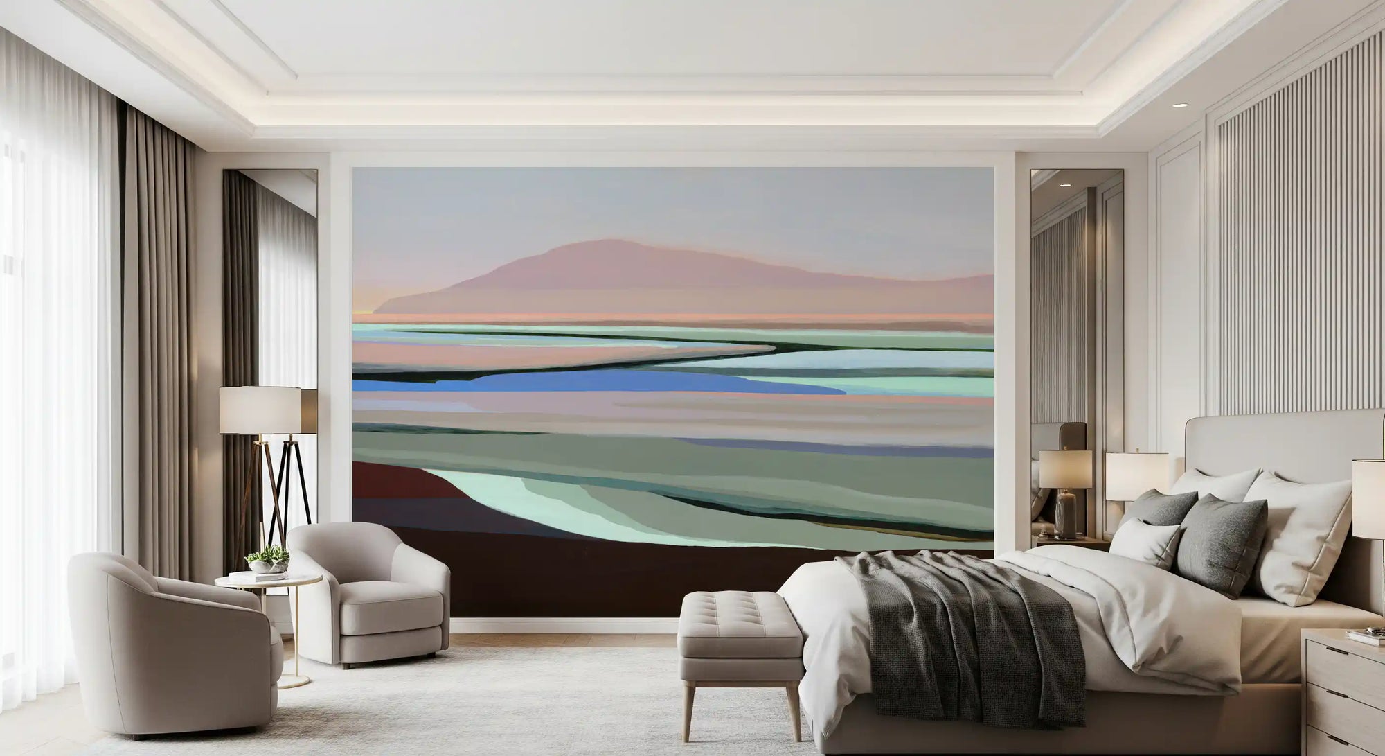 Muted coastal hills abstract wall mural with layered mauve and sage bands in bedroom GD11048