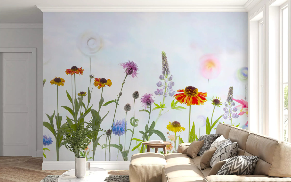 Dreamy pastel wildflower garden wall mural with foxglove and lupine blooms GD11049