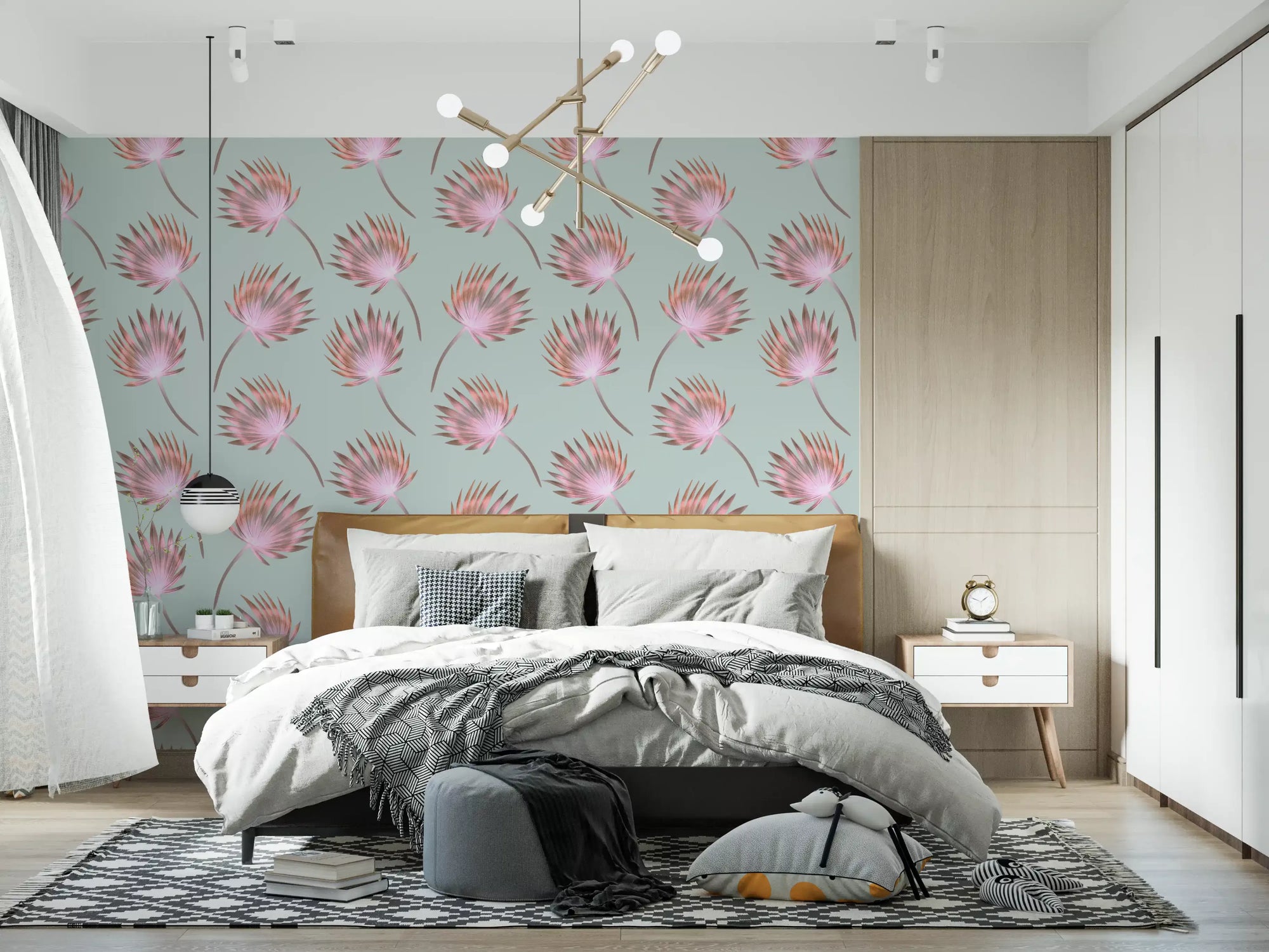 Soft blush palm frond pattern wallpaper with rose-gold edges in bedroom GD11049