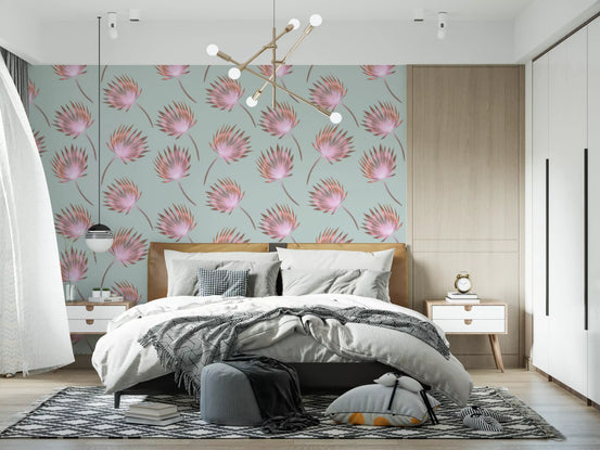 Soft blush palm frond pattern wallpaper with rose-gold edges in bedroom GD11049