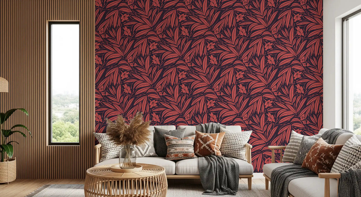 Crimson foliage silhouette wallpaper with layered leaves and blossoms GD11051