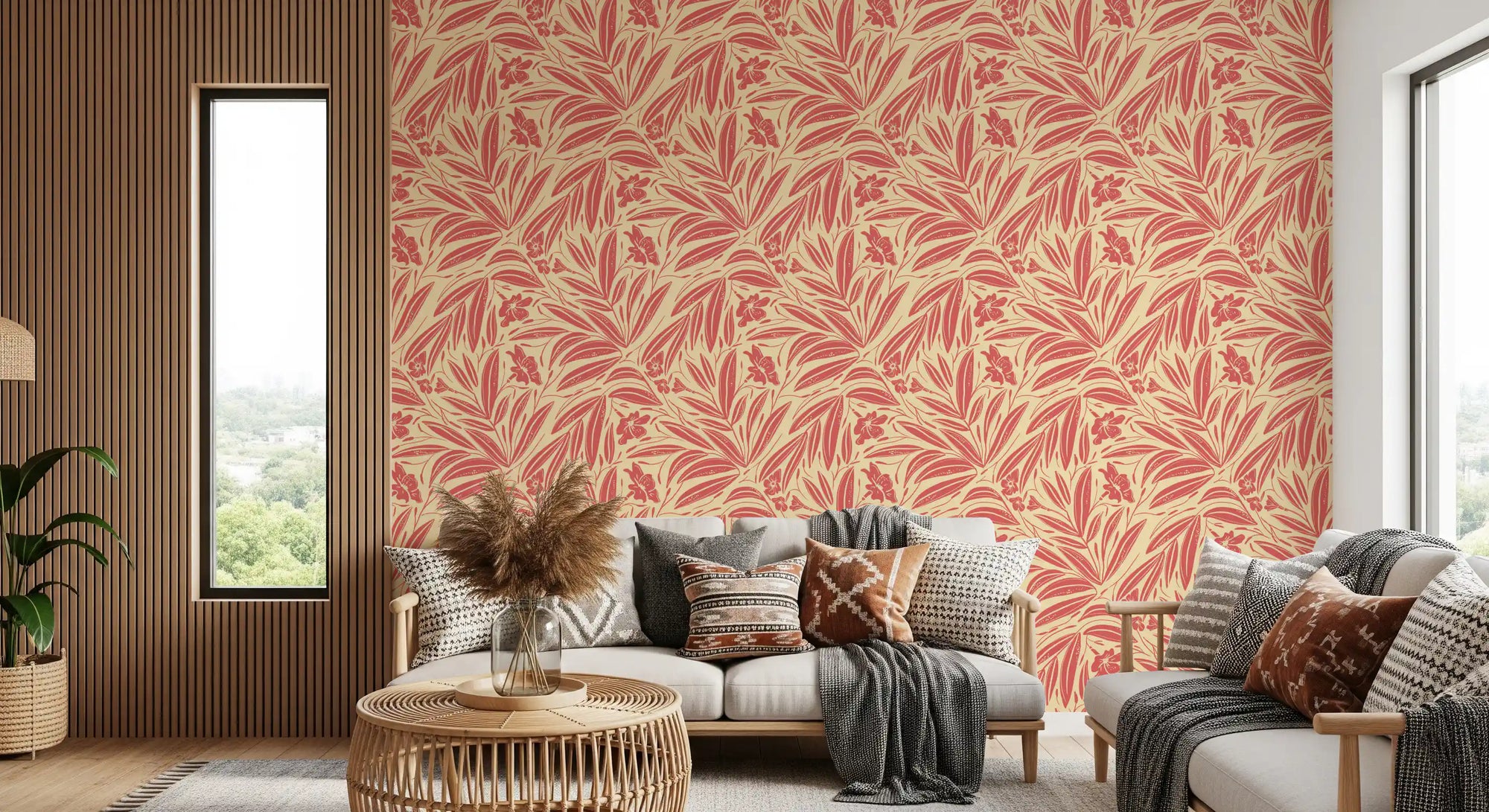 Coral bloom botanical illustration wallpaper with layered leaves and blossoms in living room GD11052