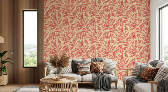Coral bloom botanical illustration wallpaper with layered leaves and blossoms in living room GD11052