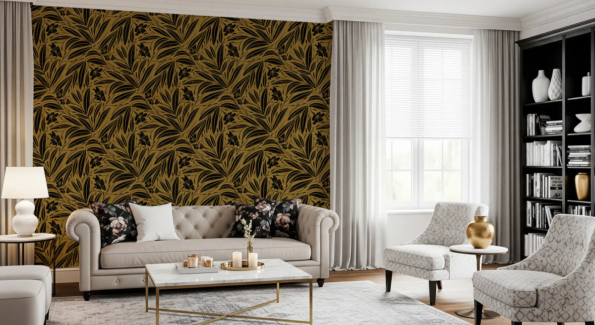Golden botanical silhouette wallpaper with black leaves and blossoms in living room GD11053