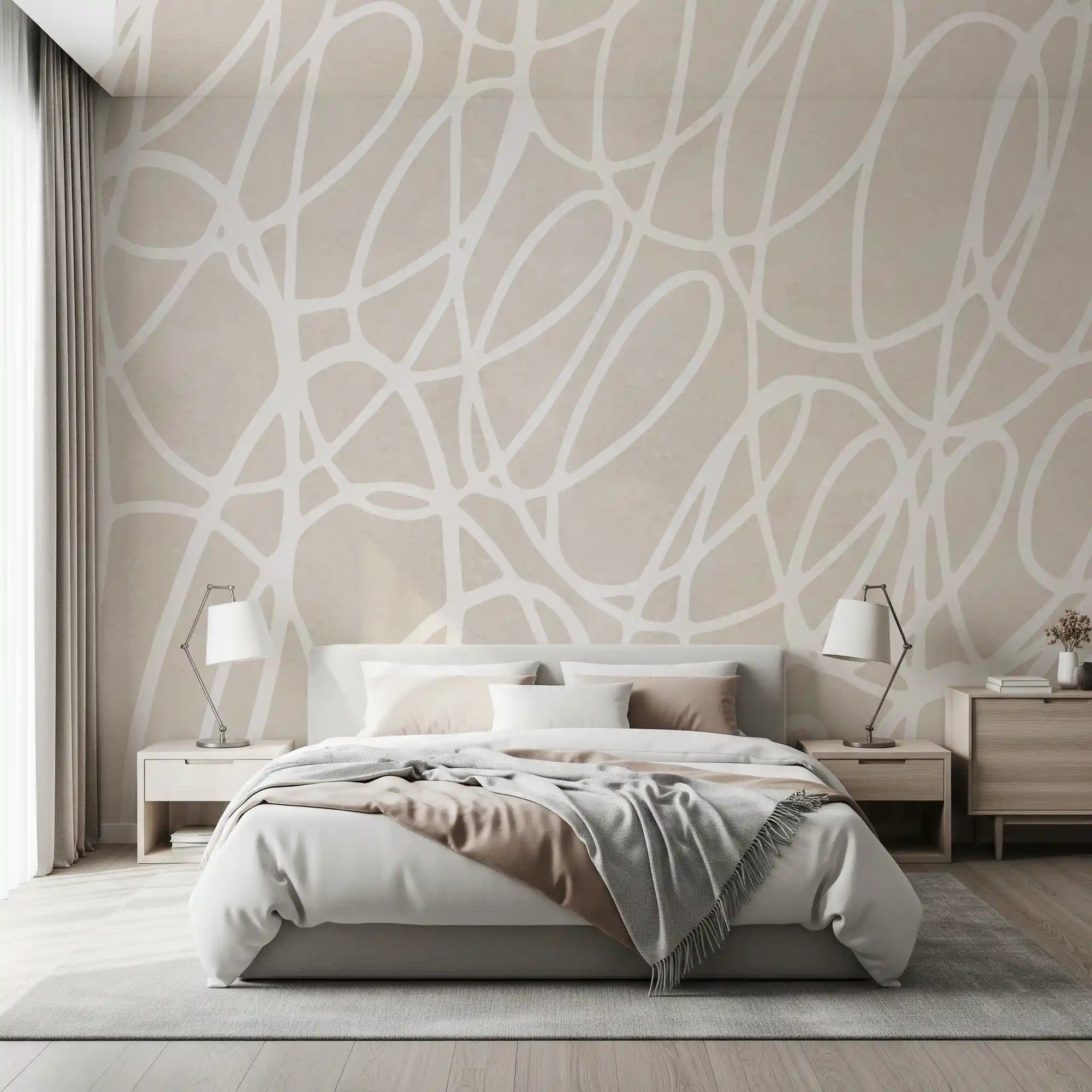 Abstract swirl line art wall mural with looping white ovals in bedroom GD11055