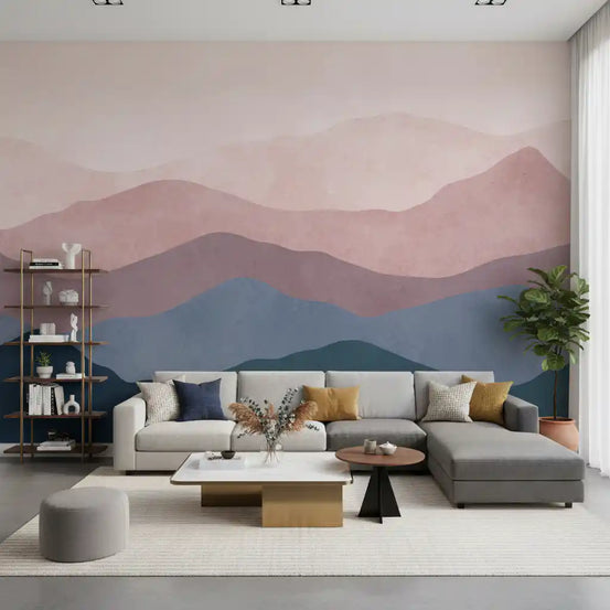 Soft watercolor mountain range wall mural with layered blush and teal ridges GD11056