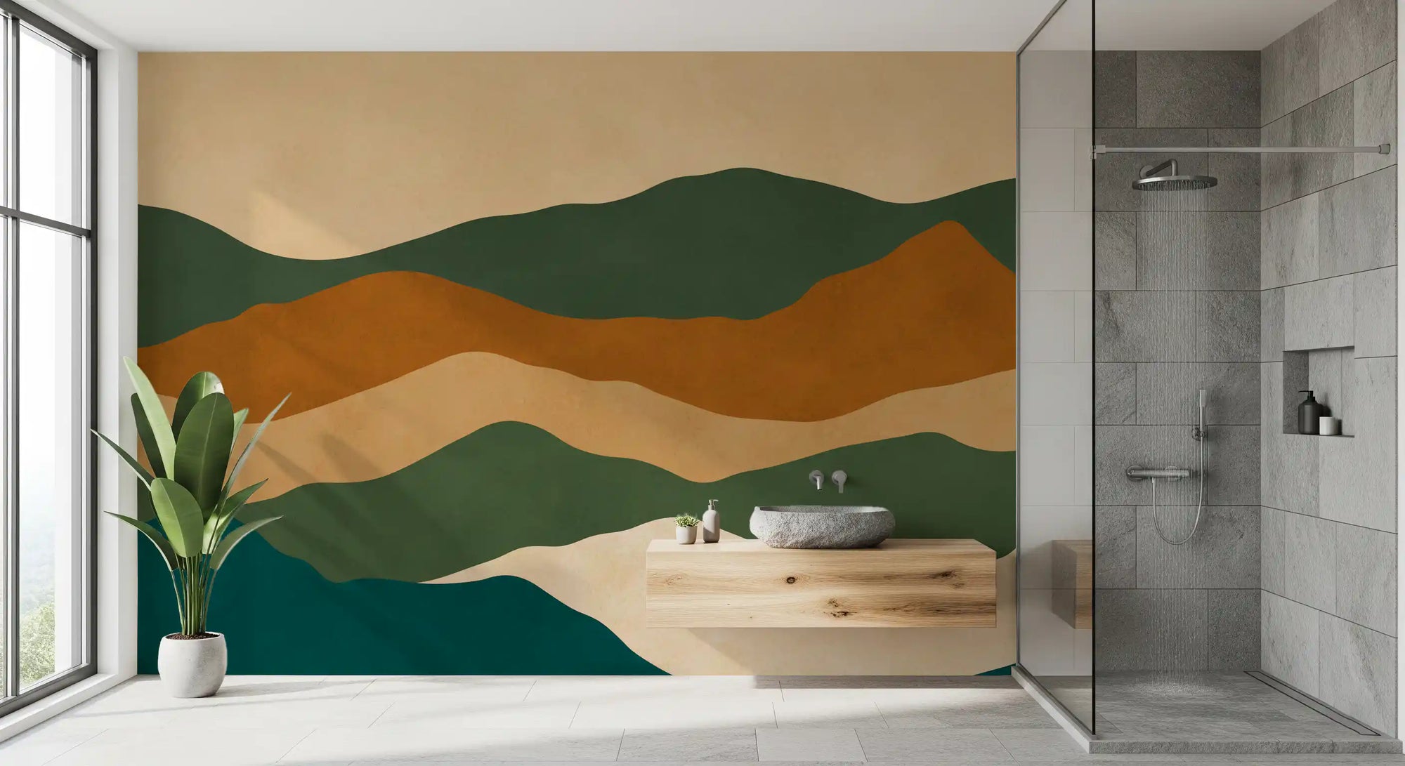 Abstract earthy mountain range layers wall mural in olive and terracotta GD11057
